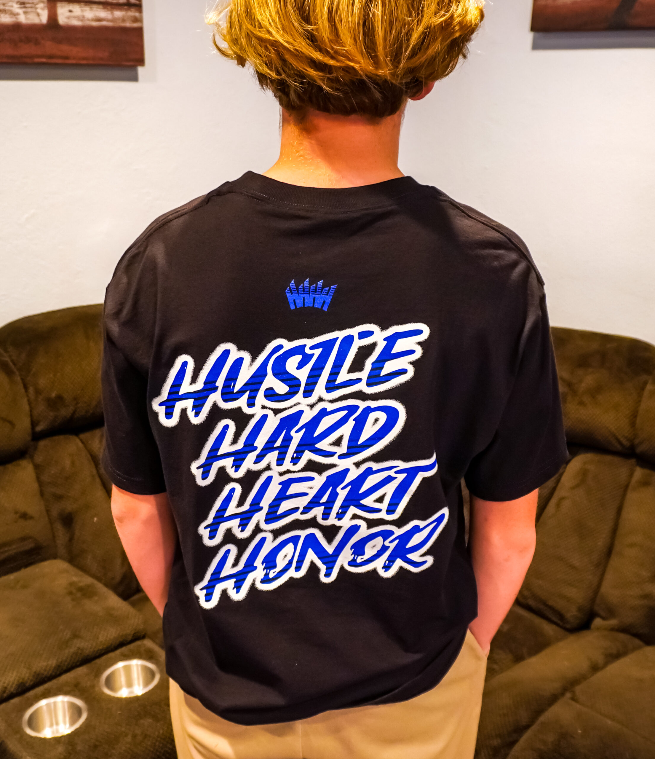 hustle hard heart honor t shirt blue rear